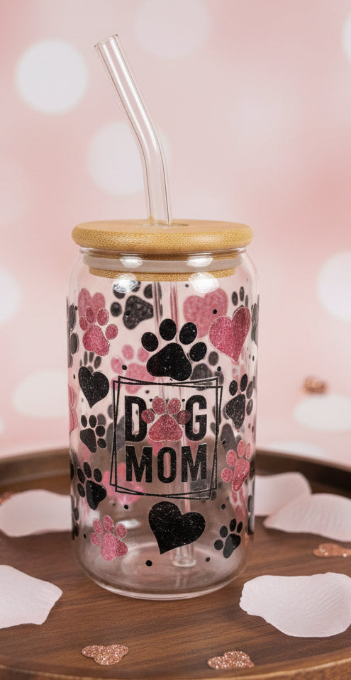 Verre "Dog Mom" rose et noir